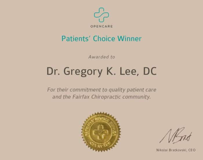 Home 4 Dr. Gregory Lee DC Wins Opencare Patients’ Choice Award for for his commitment to Fairfax Chiropractic community
